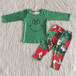 Promotion $5.5/set christmas green long sleeve shirt and green pants girls outfits