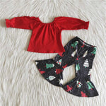 Promotion $5.5/set christmas red long sleeve shirt and green pants girls outfits