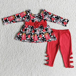 Promotion $5.5/set red long sleeve shirt and pants girls outfits