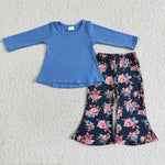 Promotion $5.5/set blue long sleeve shirt and pants girls outfits