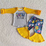 Promotion $5.5/set yellow long sleeve shirt and pants girls outfits