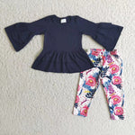 Promotion $5.5/set no MOQ RTS blue long sleeve shirt and pants girls outfits