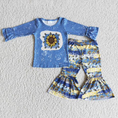 Promotion $5.5/set blue long sleeve shirt and pants girls outfits