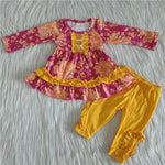 Promotion $5.5/set red long sleeve shirt and yellow pants girls outfits