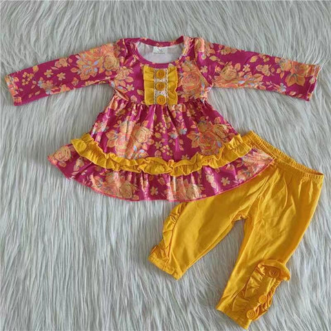 Promotion $5.5/set red long sleeve shirt and yellow pants girls outfits