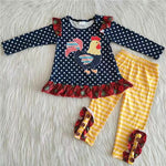 Promotion $5.5/set black long sleeve shirt and yellow pants girls outfits