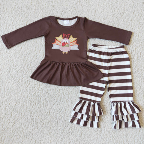 Promotion $5.5/set Thanksgiving brownlong sleeve shirt and pants girls outfits