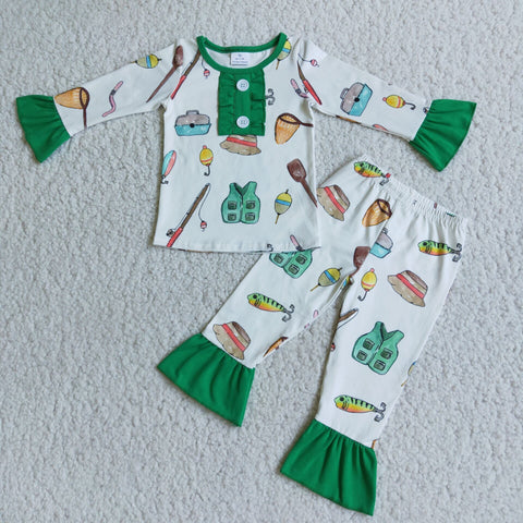 6 A3-11 Promotion $5.5/set no MOQ RTS green long sleeve shirt and pants girls outfits