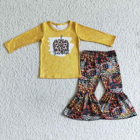 Promotion $5.5/set no MOQ RTS yellow Thankful long sleeve shirt and pants girls outfits