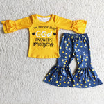 Promotion $5.5/set yellow long sleeve shirt and blue pants girls outfits