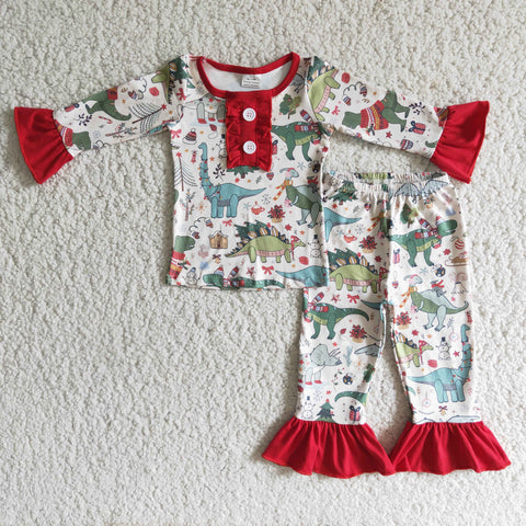 6 A4-30 Promotion $5.5/set no MOQ RTS christmas dinosaur white long sleeve shirt and pants girls outfits