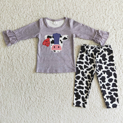 Promotion $5.5/set no MOQ RTS gray cow long sleeve shirt and pants girls outfits