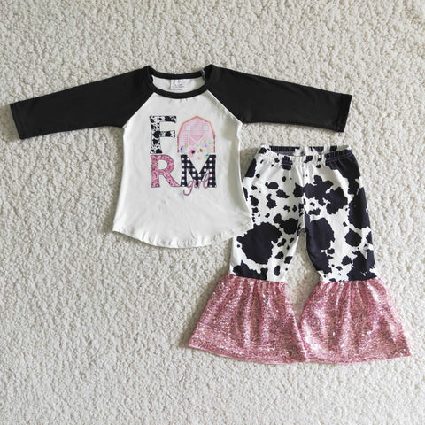 Promotion $5.5/set no MOQ RTS farm long sleeve shirt and pants girls outfits