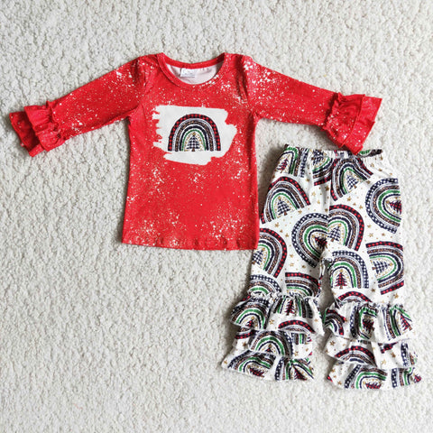 Promotion $5.5/set Christmas red long sleeve shirt and pants girls outfits