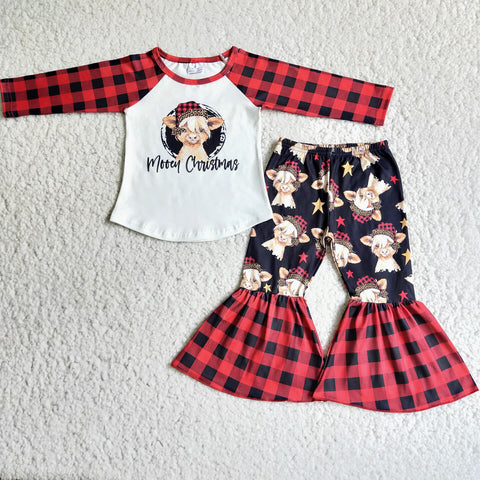 Promotion $5.5/set christmas cow long sleeve shirt and pants girls outfits
