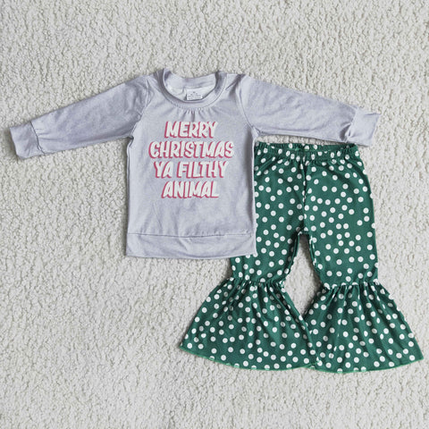 6 A7-16  Promotion $5.5/set no MOQ RTS christmas gray long sleeve shirt and green pants girls outfits