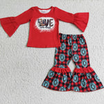 Promotion $5.5/set red long sleeve shirt and green pants girls outfits