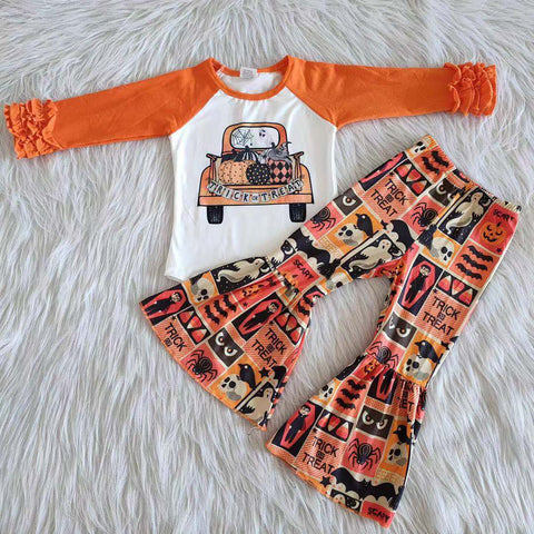 Promotion $5.5/set no MOQ RTS orange long sleeve shirt and pants girls outfits