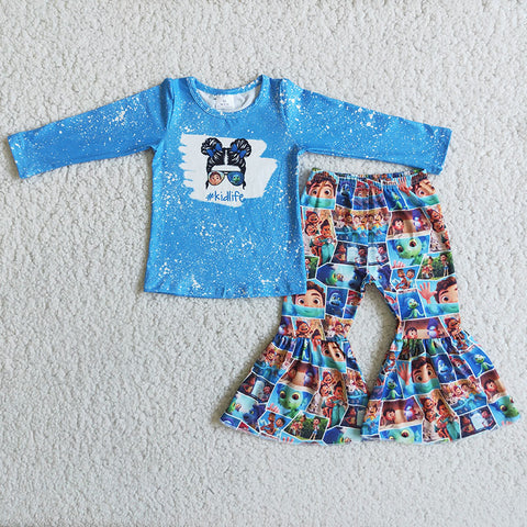 Promotion $5.5/set no MOQ RTS blue long sleeve shirt and pants girls outfits