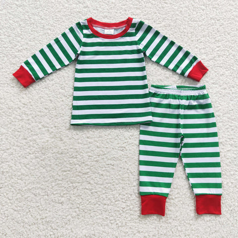 Toddler kids long sleeve green striped pajamas outfit