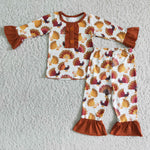 Promotion $5.5/set Thanksgiving brown long sleeve shirt and pants girls pajamas