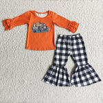 Promotion $5.5/set no MOQ RTS orange long sleeve shirt and pants girls outfits