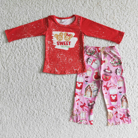 Promotion $5.5/set red long sleeve shirt and pink pants girls outfits