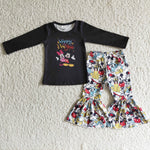 Promotion $5.5/set black long sleeve shirt and green pants girls outfits