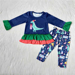 Promotion $5.5/set no MOQ RTS blue dinosaur long sleeve shirt and pants girls outfits