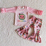 Promotion $5.5/set no MOQ RTS long sleeve shirt and pants girls pajamas