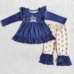 6 B11-25  Promotion $5.5/set no MOQ RTS blue long sleeve shirt and pants girls outfits