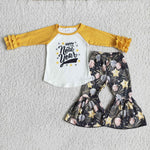 6 B11-2 Promotion $5.5/set no MOQ RTS yellow white Happy New Year long sleeve shirt and pants girls outfits