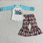 Promotion $5.5/set no MOQ RTS blue long sleeve shirt and pants girls outfits