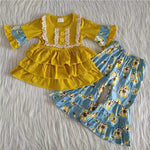 Promotion $5.5/set no MOQ RTS yellow long sleeve shirt and pants girls outfits