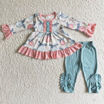 Promotion $5.5/set no MOQ RTS long sleeve shirt and pants girls outfits