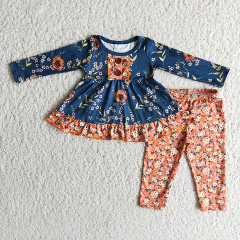 6 B4-22 Promotion $5.5/set no MOQ RTS flower dark blue long sleeve shirt and orange pants girls outfits