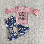 Promotion $5.5/set pink long sleeve shirt and green pants girls outfits