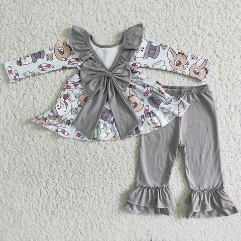 6 B5-20 Promotion $5.5/set no MOQ RTS christmas gray long sleeve shirt and pants girls outfits