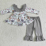 6 B5-20 Promotion $5.5/set no MOQ RTS christmas gray long sleeve shirt and pants girls outfits