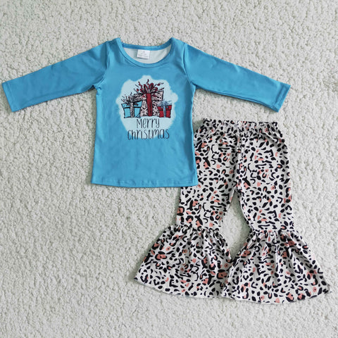 Promotion $5.5/set christmas blue long sleeve shirt and green pants girls outfits