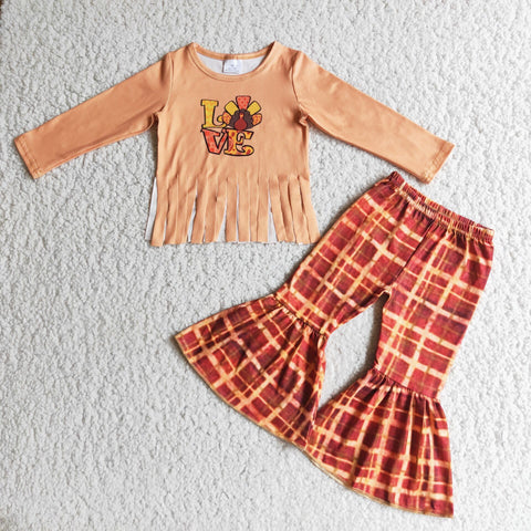 Promotion $5.5/set orange long sleeve shirt and pants girls outfits