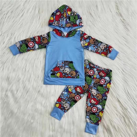 Promotion $5.5/set no MOQ RTS blue long sleeve shirt and pants girls outfits