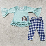 6 C10-27  Promotion $5.5/set no MOQ RTS long sleeve shirt and pants girls outfits