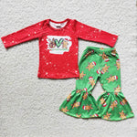 Promotion $5.5/set red long sleeve shirt and green pants girls outfits