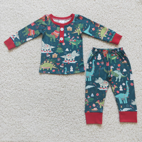 6 C11-40 Promotion $5.5/set christmas green long sleeve shirt and pants boy outfits
