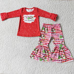 Promotion $5.5/set red long sleeve shirt and green pants girls outfits