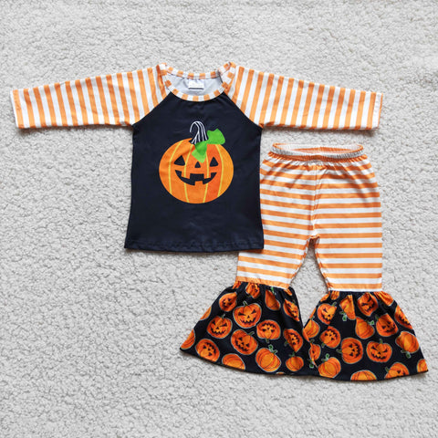 Promotion $5.5/set no MOQ RTS pumpkin long sleeve shirt and pants girls outfits