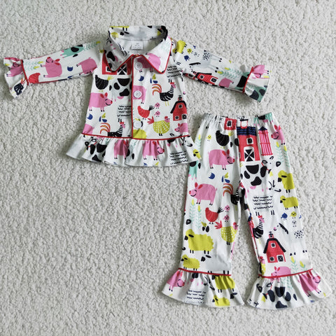 6 C7-40  Promotion $5.5/set no MOQ RTS farm chicken long sleeve shirt and pants girls outfits