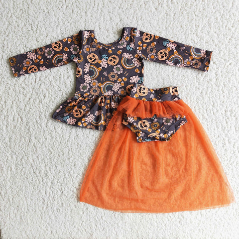 Promotion $5.5/set Halloween orange long sleeve girls dress