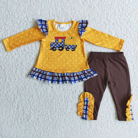 Promotion $5.5/set no MOQ RTS yellow truck long sleeve shirt and pants girls outfits